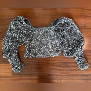 Listicle Silver Sequin Crop Top with Puff Sleeves